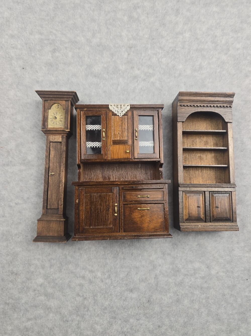 1/12 Scale Dollhouse Wooden Kitchen Hutch Cabinet Bookcase & Grandfather Clock